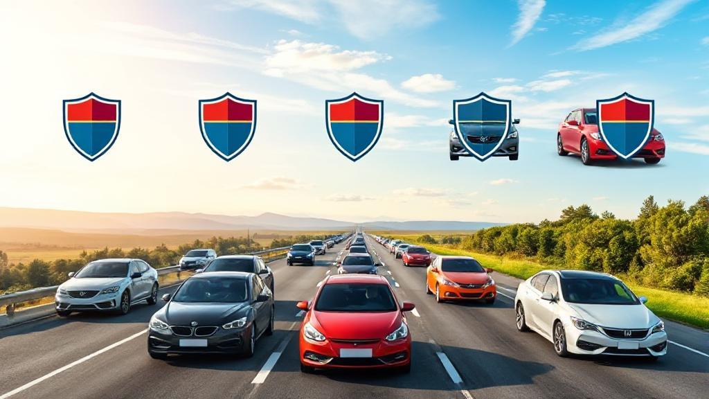 A collage of diverse cars on a scenic highway, each with a protective shield icon above them, symbolizing various car insurance options.