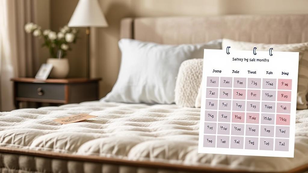 A cozy bedroom scene featuring a plush mattress with seasonal sale tags and a calendar highlighting key shopping months.
