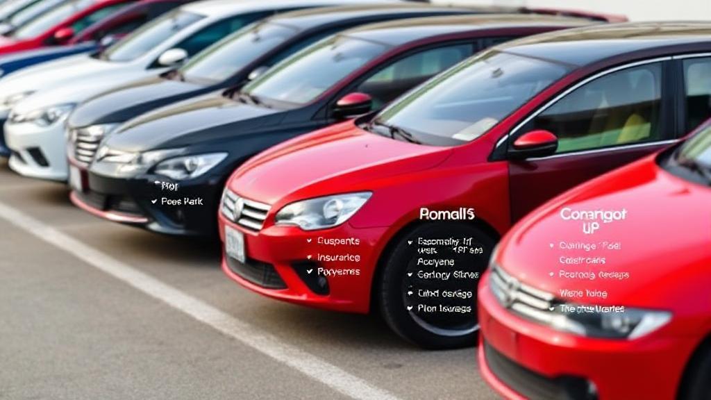 A diverse lineup of cars parked side by side, each labeled with different types of insurance coverage options.