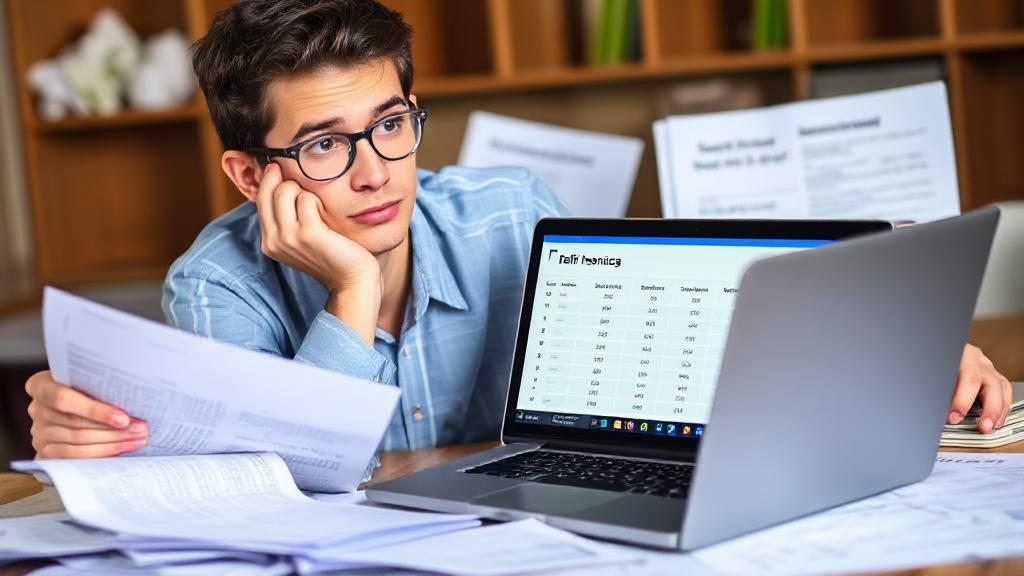 A thoughtful student surrounded by financial documents, contemplating refinancing options with a laptop displaying loan calculators.