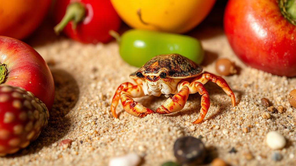 A vibrant close-up of a hermit crab exploring a sandy beach, surrounded by various fruits and vegetables.