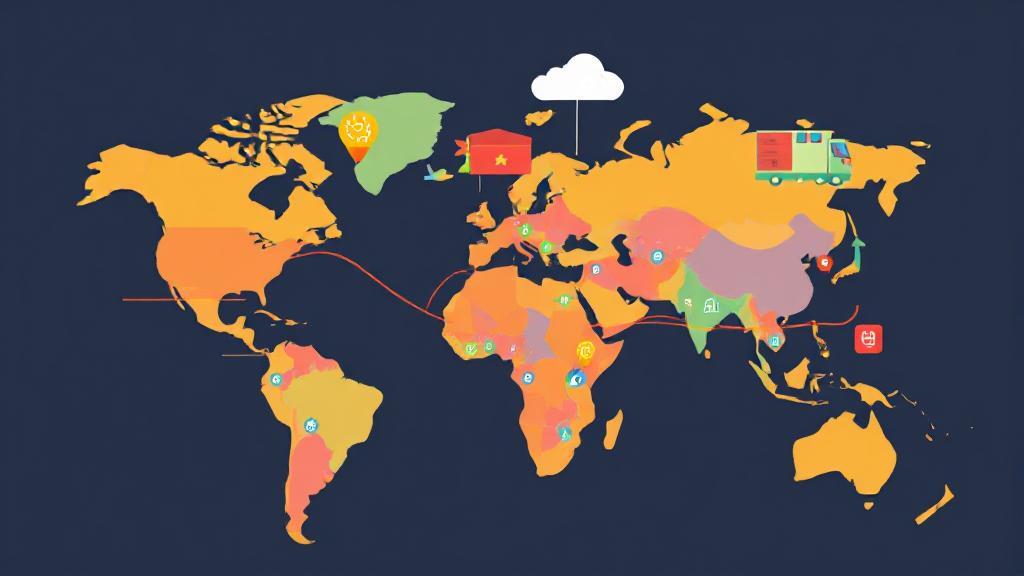 A colorful collage of various international shipping icons and a world map, symbolizing global delivery routes and timelines.