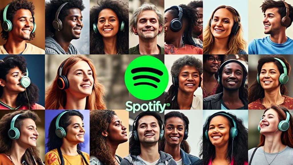 A vibrant collage of diverse people enjoying music with headphones, symbolizing connection and friendship through Spotify.