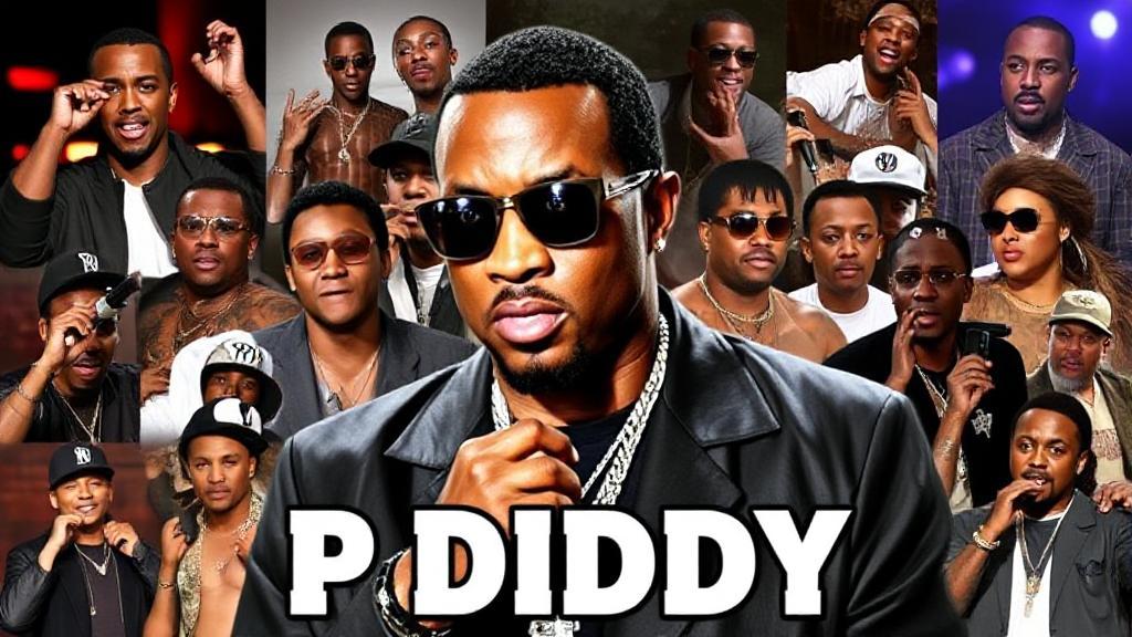 A dynamic collage of P Diddy's iconic moments, blending his music career highlights with snapshots of his most talked-about controversies.