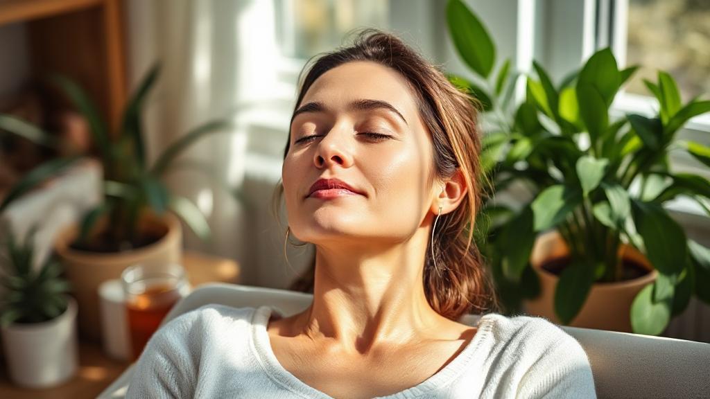 A serene woman relaxes in a sunlit room with a cool compress on her forehead, surrounded by calming plants and herbal teas.