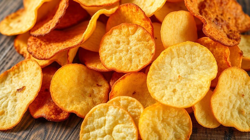A close-up shot of a variety of potato chips in different flavors and textures, artfully arranged on a rustic wooden table.