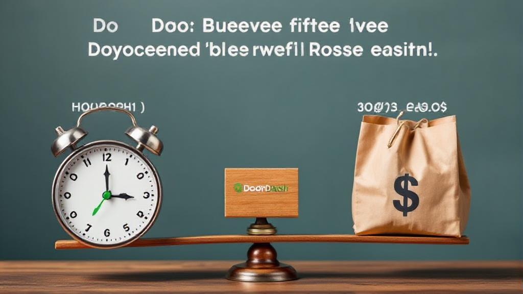 A dynamic image depicting a DoorDash driver weighing options between hourly pay and per delivery earnings, symbolized by a scale balancing a clock and a delivery bag.