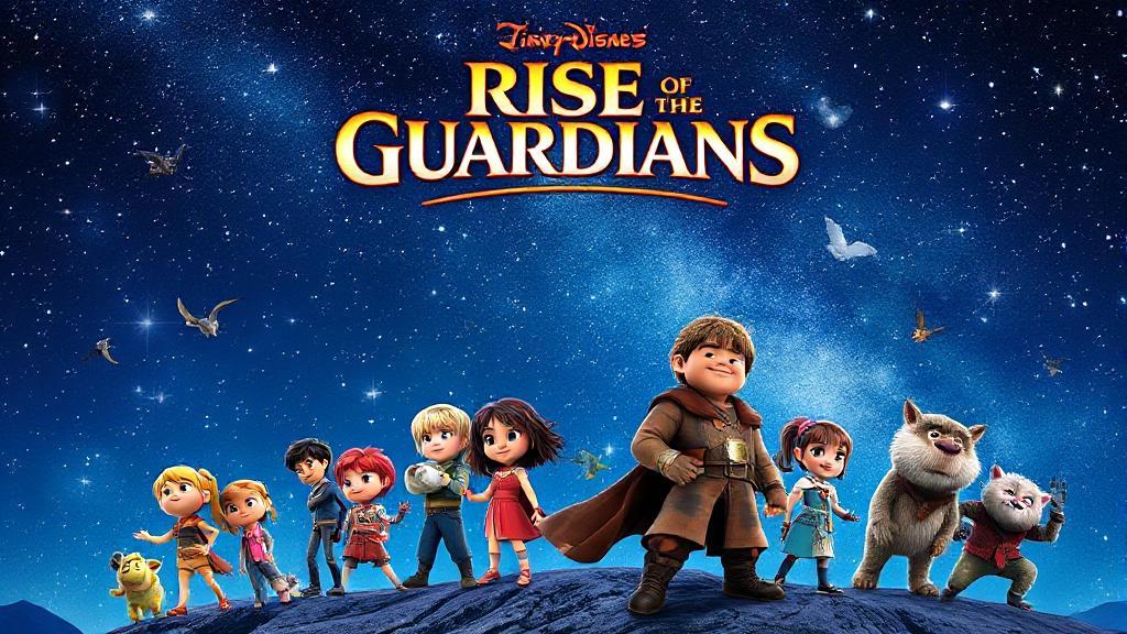 A vibrant collage featuring the iconic characters from "Rise of the Guardians" set against a magical, starry night sky, highlighting the film's adventurous and whimsical spirit.