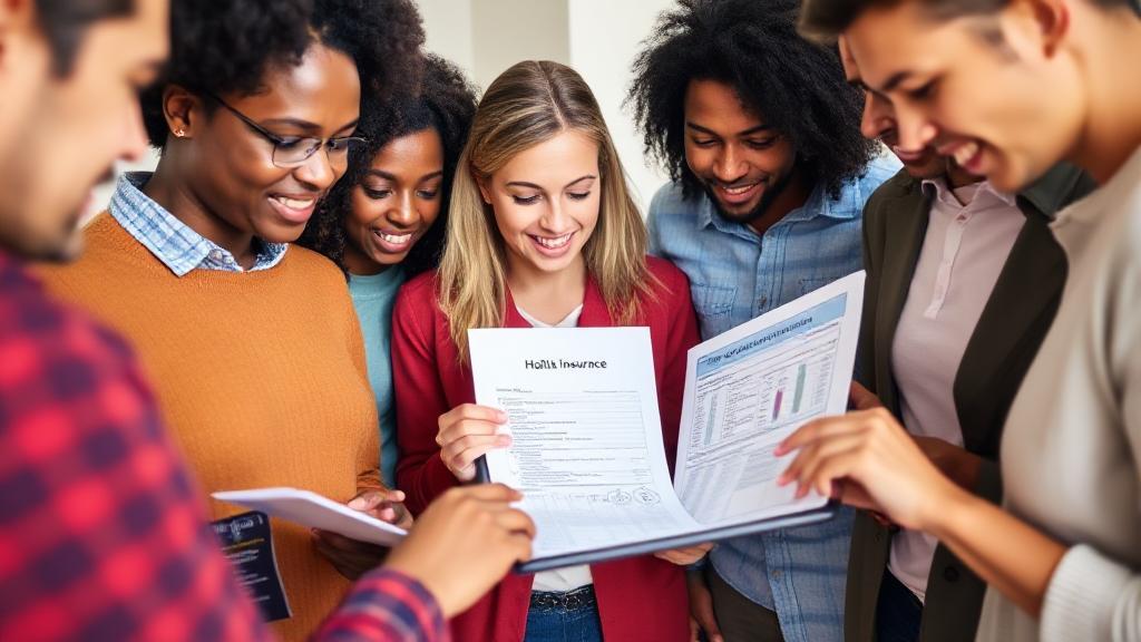 A diverse group of people examining health insurance documents and comparing plans on a digital tablet.