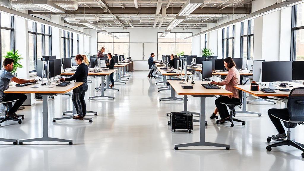 A bright, modern office featuring a variety of stylish standing desks with people working comfortably in ergonomic setups.