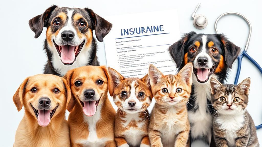 A collage of happy pets, including dogs and cats, with insurance documents and a stethoscope in the background.