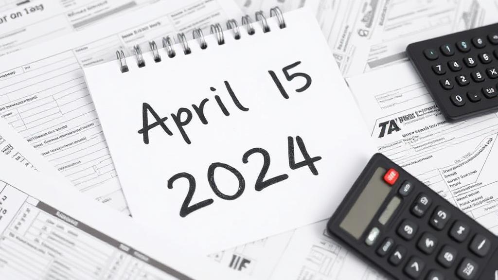 A calendar marked with April 15, 2024, surrounded by tax forms and a calculator.