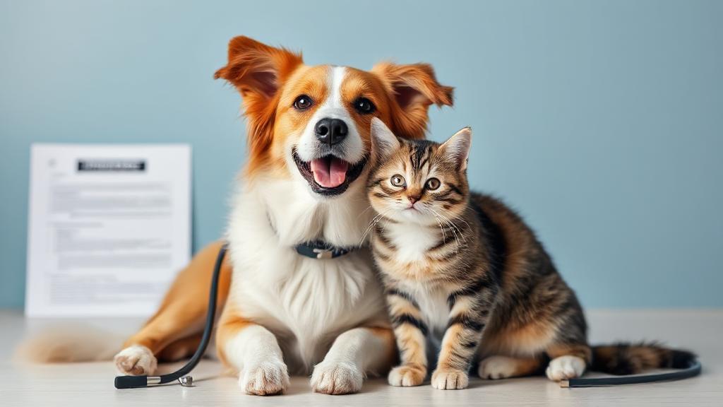 A happy dog and cat sitting together with a stethoscope and insurance documents in the background.