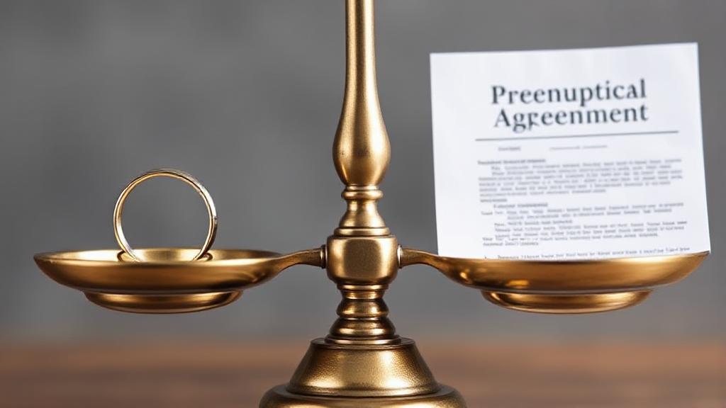 A balanced scale with a wedding ring on one side and a legal document on the other, symbolizing the pros and cons of prenuptial agreements.