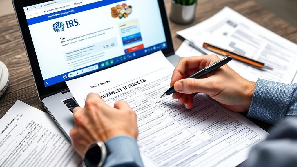 A close-up image of a person filling out a tax form with a pen, surrounded by financial documents and a laptop displaying the IRS website.