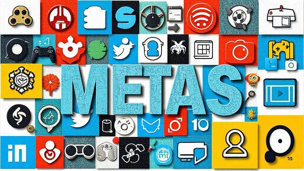 A collage of various symbols and icons representing different fields such as gaming, social media, and technology, illustrating the concept of "metas" across diverse contexts.