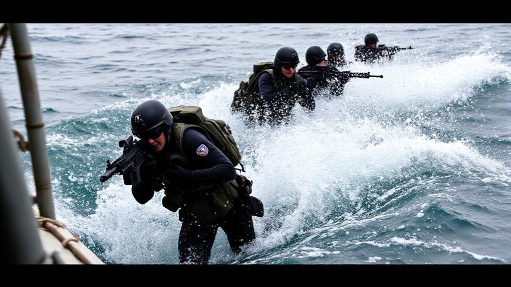 A dynamic image of Navy SEALs in action, showcasing their teamwork and precision in a maritime environment.