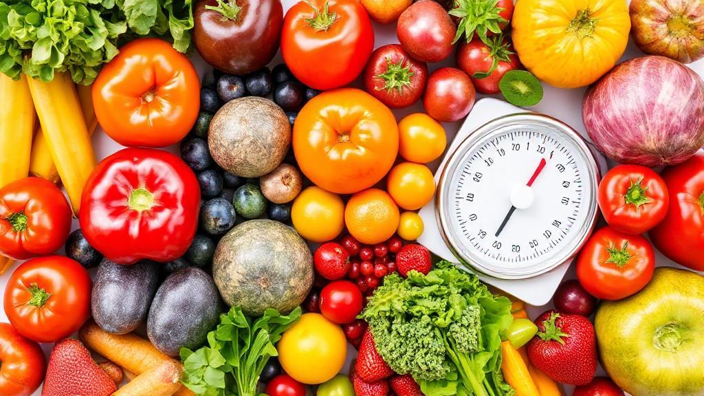 A vibrant collage of fresh fruits, vegetables, and a scale, symbolizing the balance of weight loss and healthy living.
