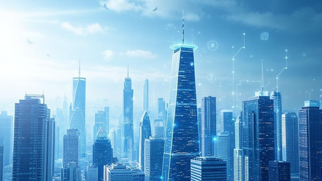 A futuristic cityscape with digital graphs and icons overlaying skyscrapers, symbolizing technological advancements and trends shaping the future of enterprises.