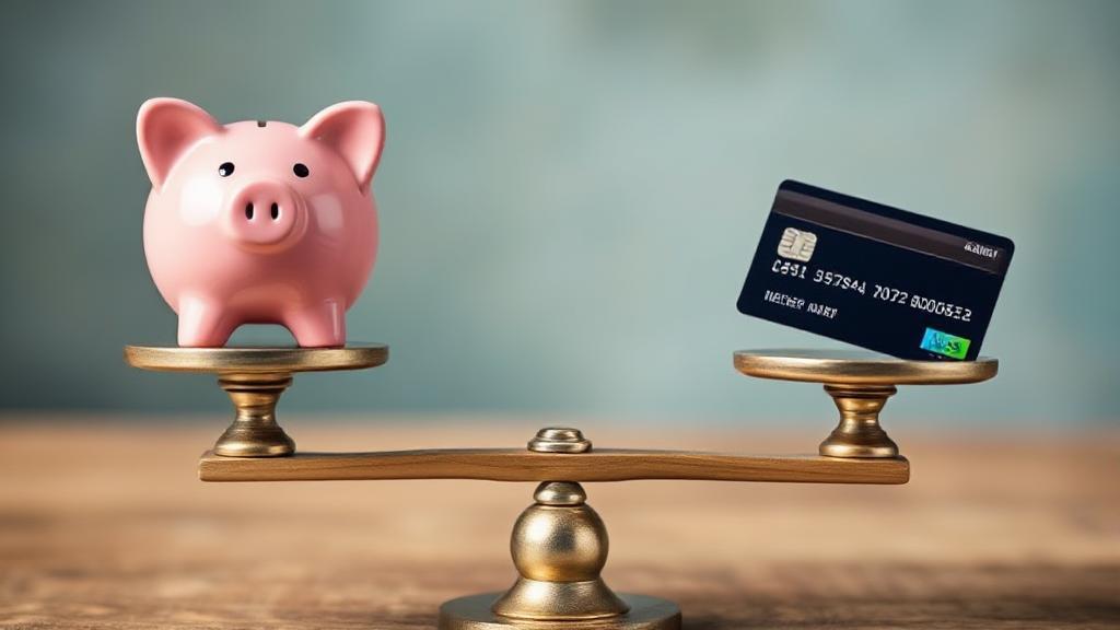 A balanced scale with a piggy bank on one side and a credit card on the other, symbolizing the decision between saving money and paying off debt.