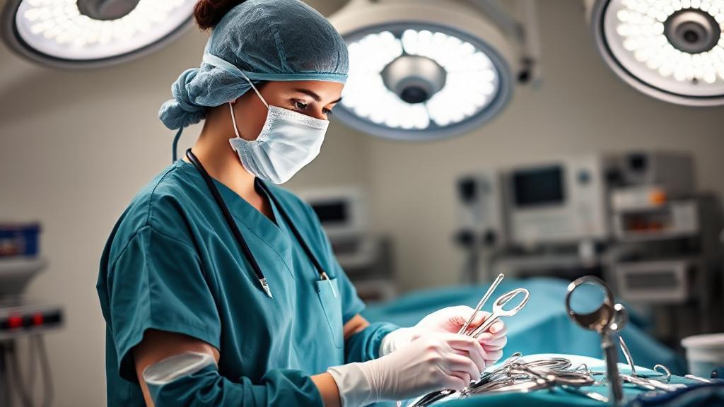 A focused surgical technologist in scrubs prepares instruments in a sterile operating room, highlighting their crucial role in surgical procedures.