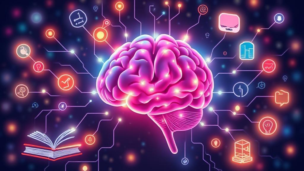 A vibrant illustration of a human brain surrounded by glowing connections, books, and memory icons, symbolizing techniques for boosting memory.