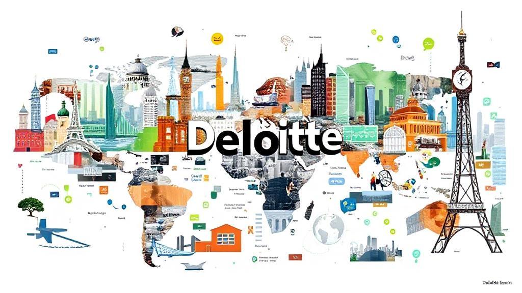 A dynamic collage showcasing Deloitte's diverse services and global reach, featuring iconic landmarks and digital innovation symbols.