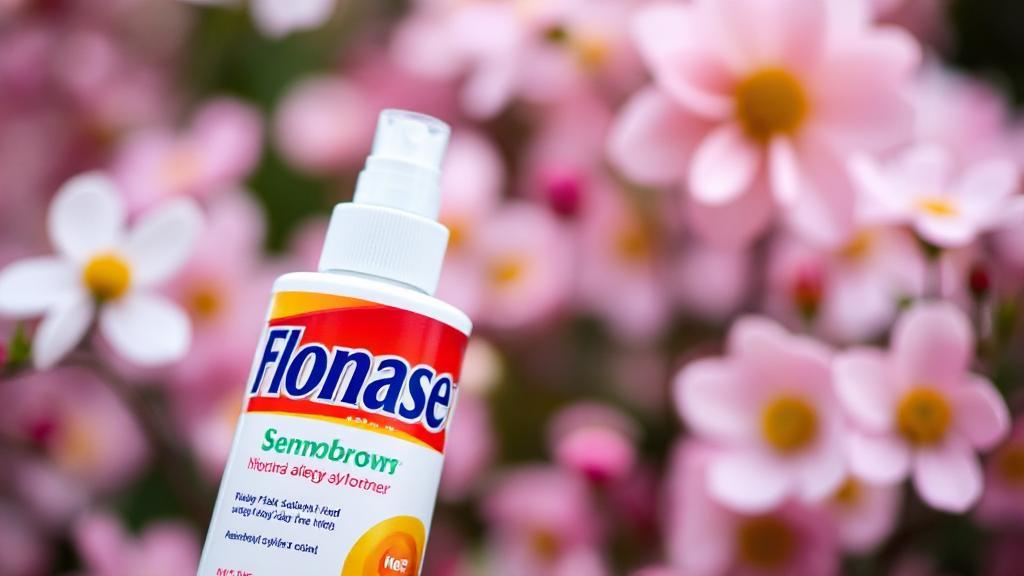 A close-up image of a Flonase nasal spray bottle against a soft-focus background of blooming flowers, symbolizing allergy relief.