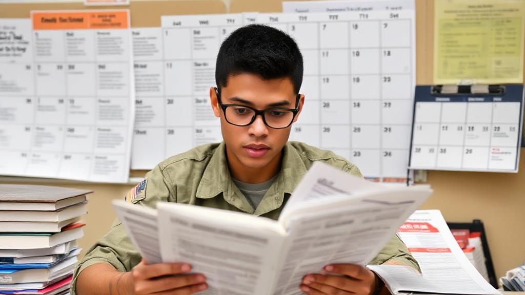A focused student reviews study materials with a determined expression, surrounded by ASVAB prep books and a calendar marked with test dates.