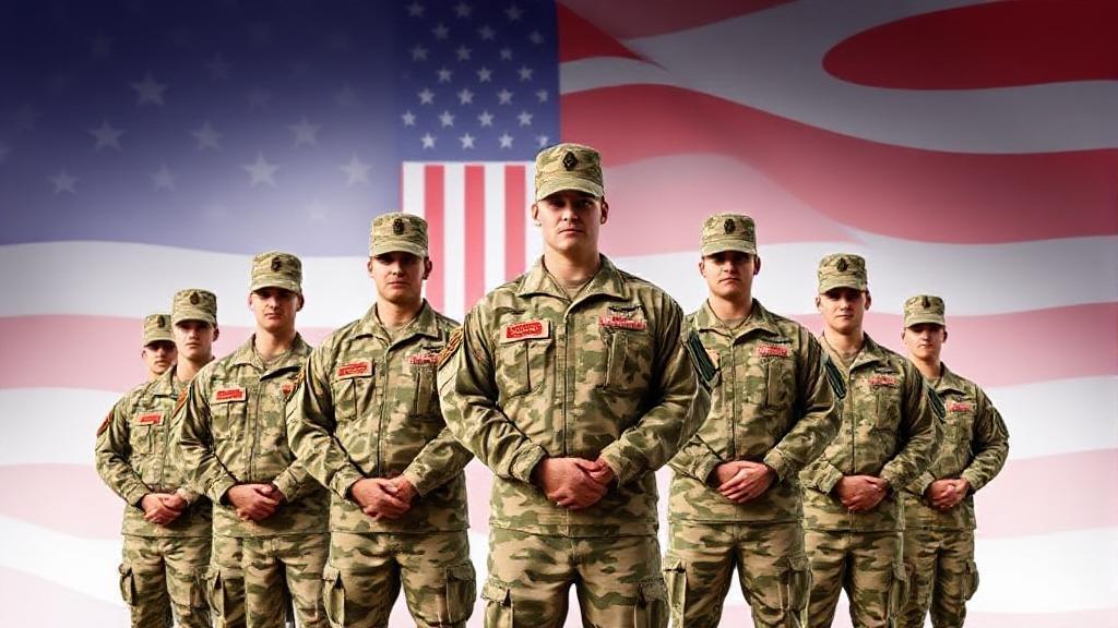 A dynamic image of National Guard soldiers in uniform, standing in formation with a backdrop of the American flag, symbolizing their commitment and diverse roles in national service.