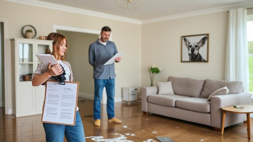 A header image depicting a homeowner assessing water damage in a living room, with a clipboard and camera in hand, symbolizing the process of filing an insurance claim.