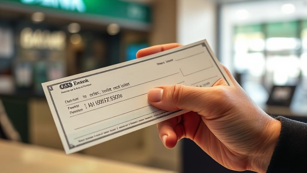 A close-up image of a hand holding a money order with a pen poised to endorse it, set against a backdrop of a bank counter.