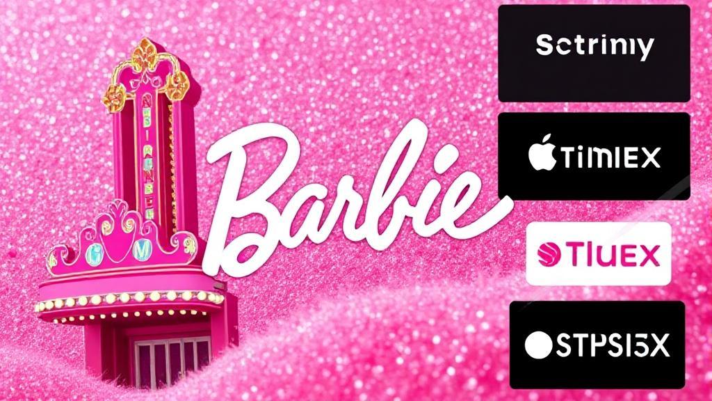 A vibrant collage featuring the iconic Barbie logo, a cinema marquee, and streaming service icons, set against a backdrop of pink and glitter.