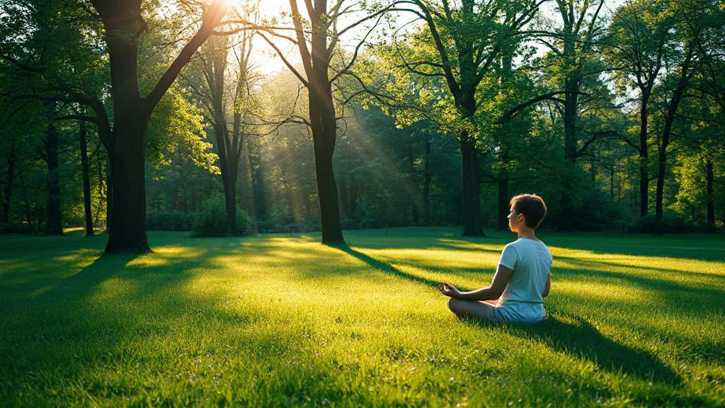 A serene nature scene with soft sunlight filtering through trees, a peaceful person meditating on grass, and gentle greenery evoking calm and tranquility.
