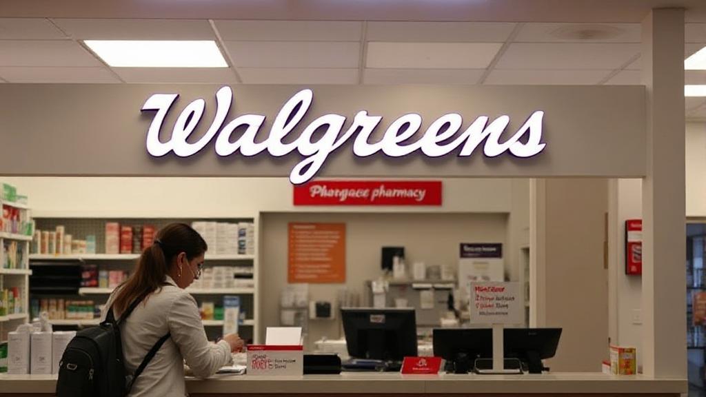 A discreet pharmacy counter with a Walgreens sign, featuring a pharmacist assisting a customer with a prescription.