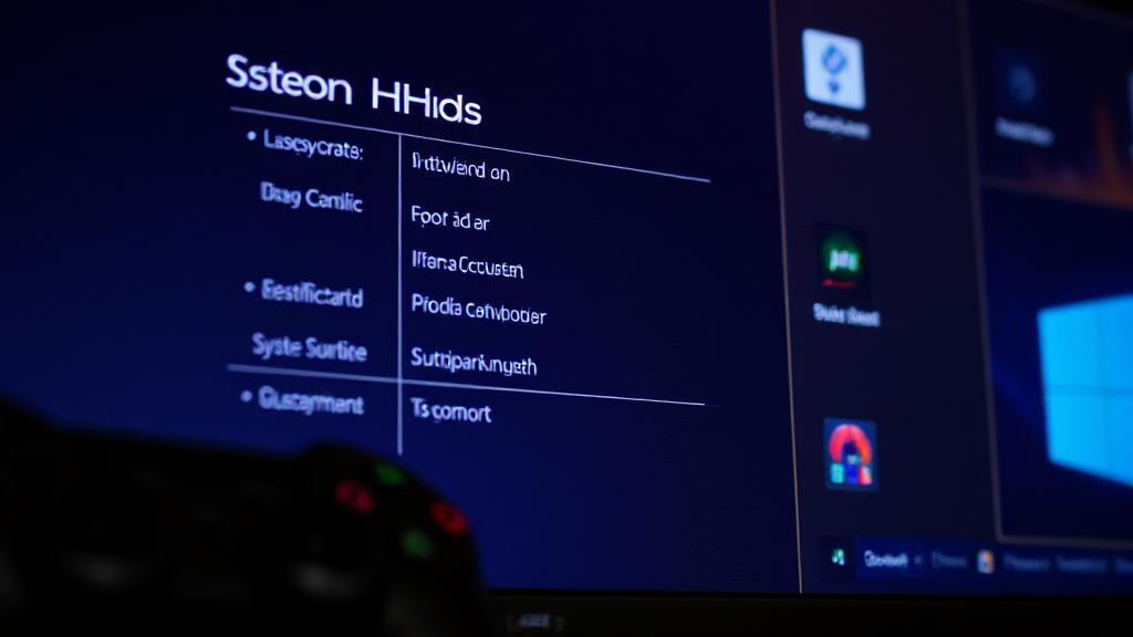 A close-up image of a computer screen displaying system specifications alongside a gaming controller and software icons.