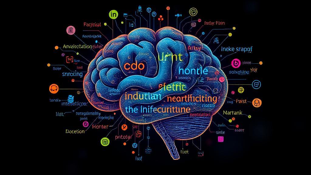 A vibrant illustration of interconnected words and symbols representing various parts of speech, overlaying a digital brain to symbolize the fusion of linguistics and AI.