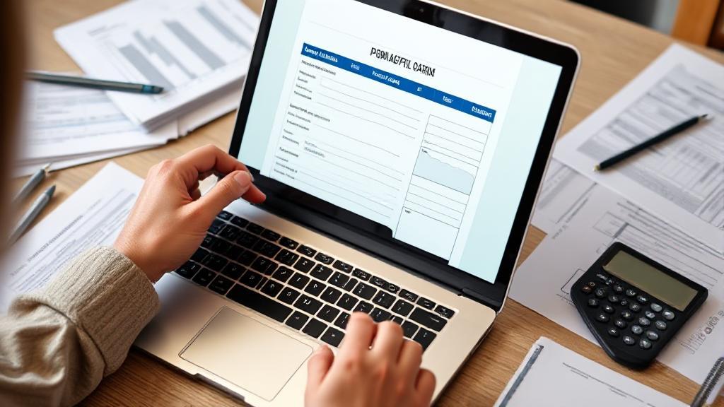 A person filling out a loan application form on a laptop, surrounded by financial documents and a calculator.