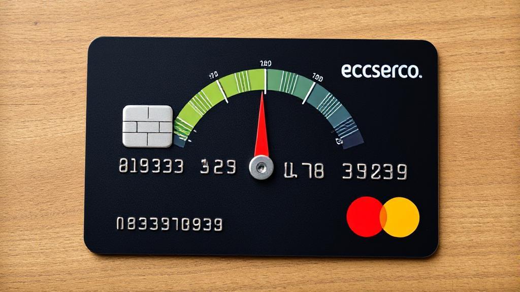 A balanced credit card with a gauge showing optimal credit utilization for financial health.