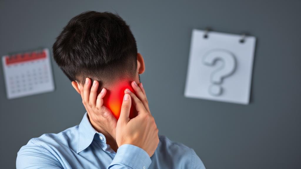 A concerned individual holding their neck in discomfort, with a calendar and a question mark in the background, symbolizing the uncertainty of neck pain duration and the decision to seek medical advice.