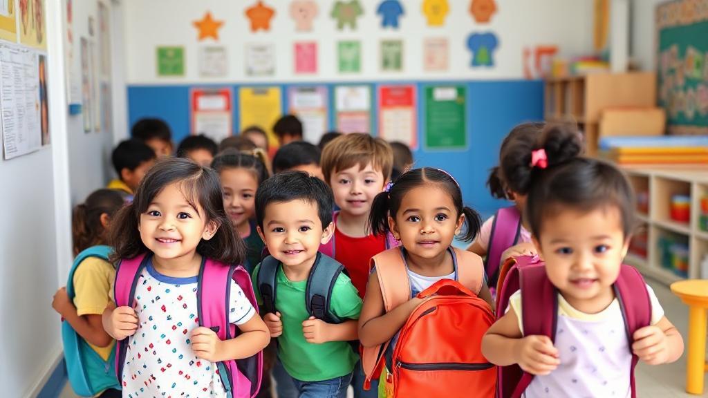 A diverse group of young children with backpacks eagerly entering a colorful kindergarten classroom.