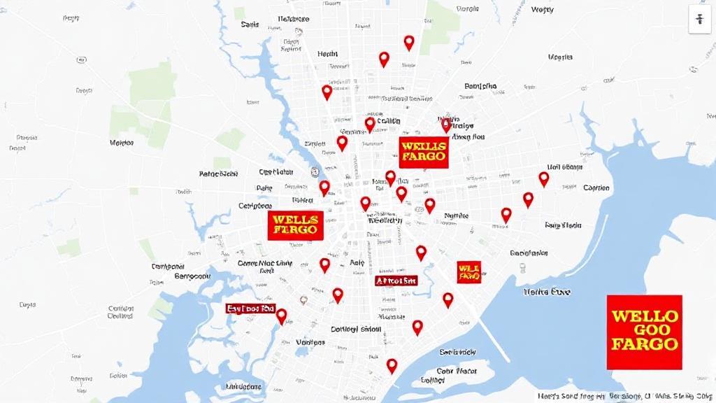 A city map with highlighted locations of Wells Fargo branches and ATMs.