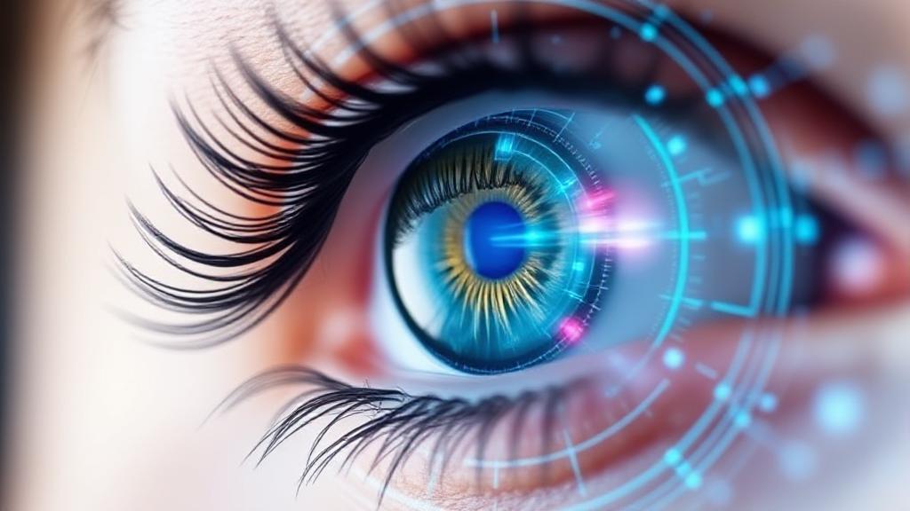A close-up of an eye with a futuristic digital overlay, symbolizing precision and clarity in vision correction.