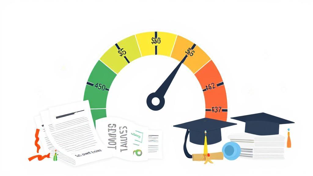 A visual representation of a credit score gauge intertwined with student loan documents and graduation cap symbols.