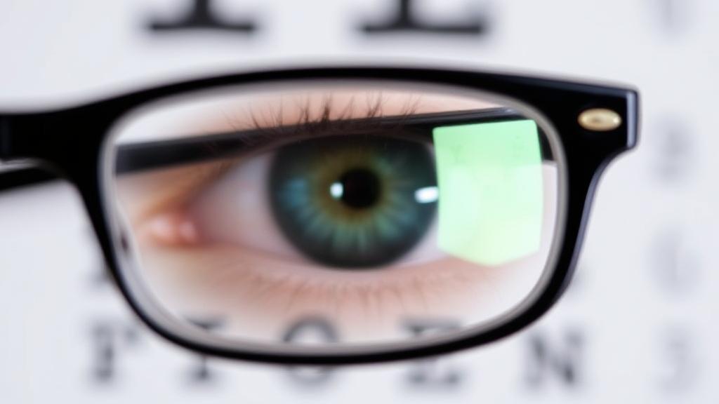 A close-up of an eye chart with glasses and a LASIK laser in the background, symbolizing vision correction options.