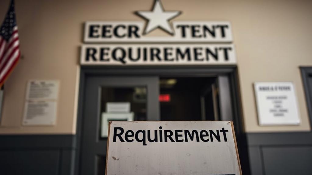 A solemn image of a military recruitment office with a "Requirements" sign prominently displayed, symbolizing the challenges of meeting enlistment criteria.