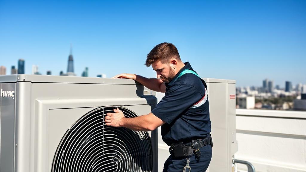 A professional HVAC technician inspecting a modern air conditioning unit on a rooftop with a city skyline in the background.