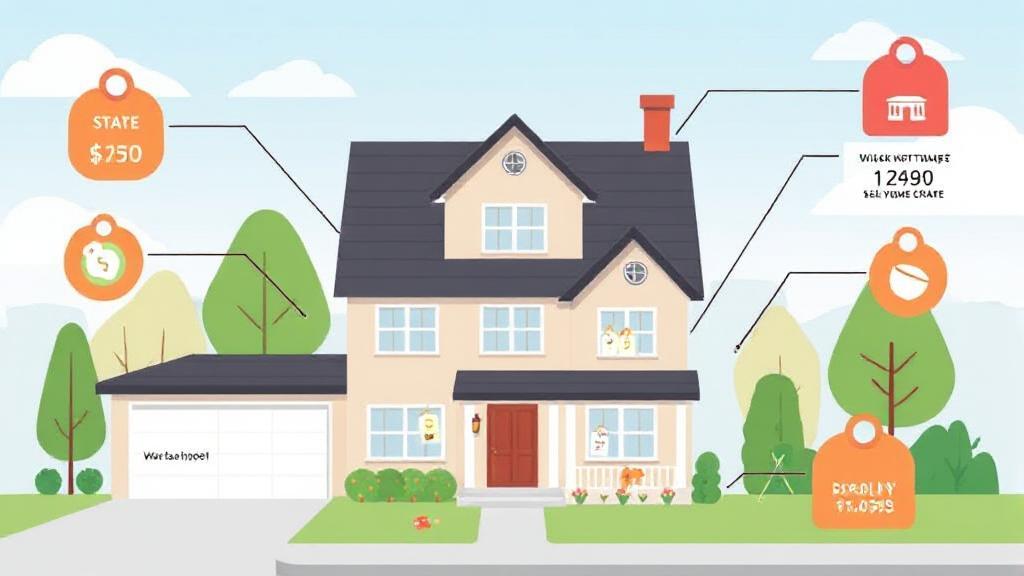 A detailed illustration of a house with price tags and financial symbols, representing the various costs associated with selling a home.