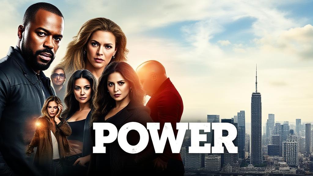 A dynamic collage of the "Power" TV show cast set against a city skyline, highlighting the drama and intensity of the series.