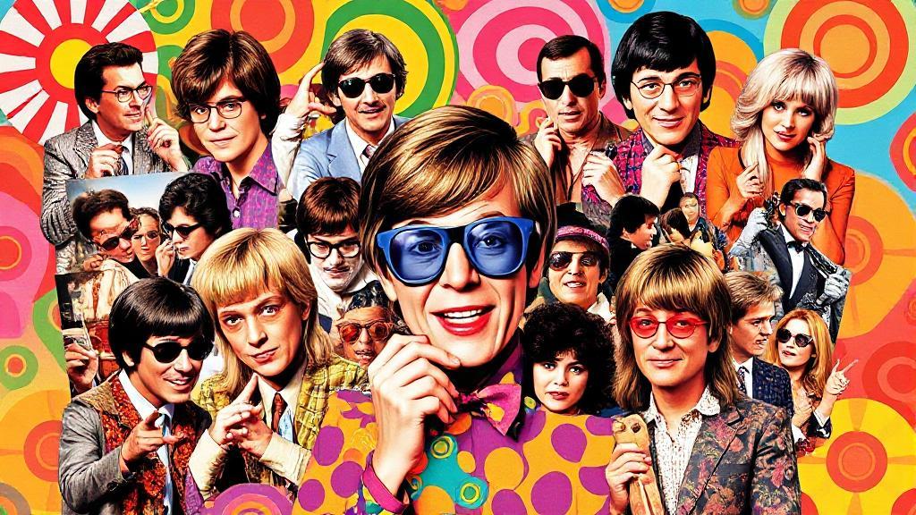A vibrant collage featuring iconic scenes and characters from the Austin Powers movies, set against a backdrop of psychedelic 60s-inspired patterns.